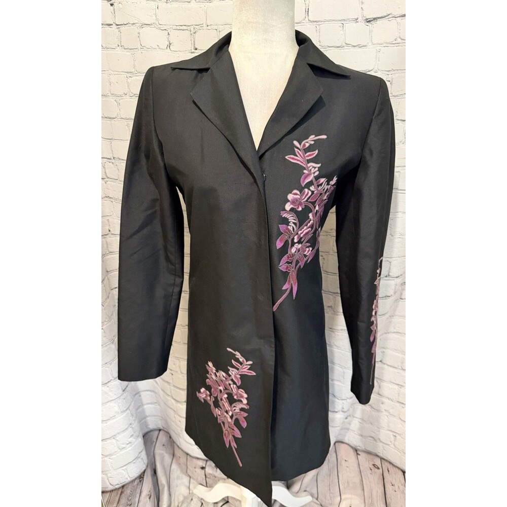 Bloomingdale’s Silk Long Black Floral Embroidered Jacket Coat Size 4